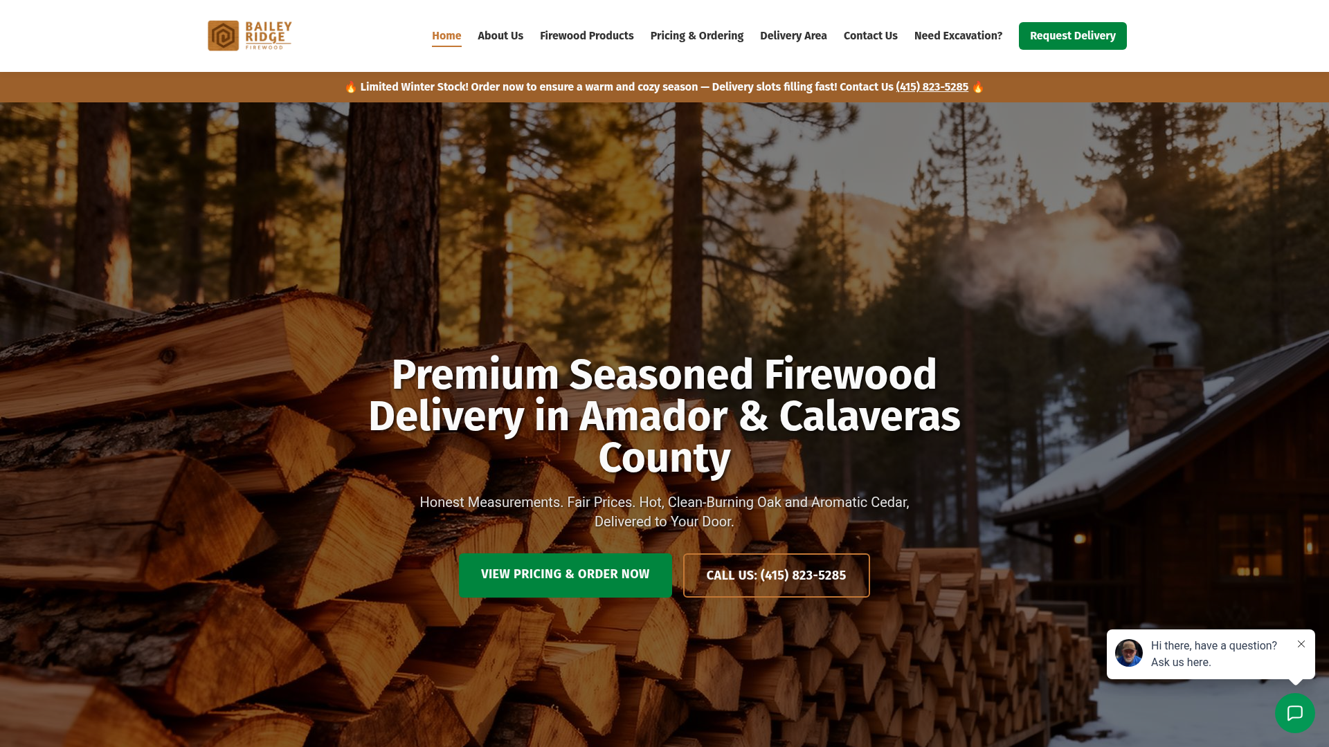 Bailey Ridge Firewood — premium seasoned firewood delivery website built by Point Presence